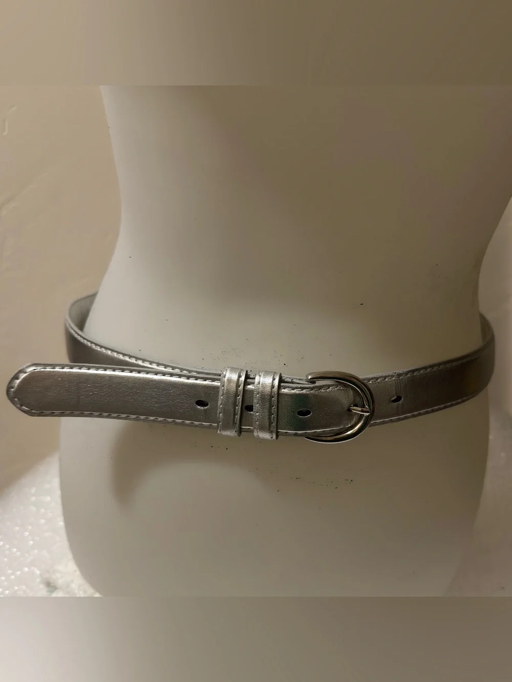 Genuine Leather Metallic Silver Skinny Belt Silver Tone Buckle 1” x 40”